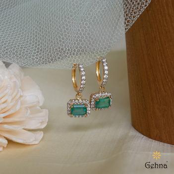 Natural Emerald and Diamond 18K Gold Hoop Earrings